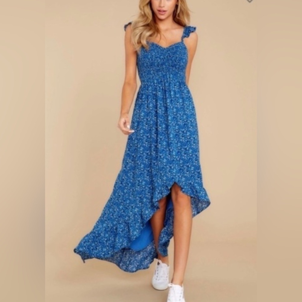Storia Blue Mini-Floral Smocked, Sweetheart Neck‎ Women's Summer Dress, size M